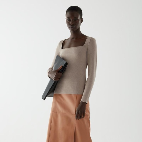 COS Natural Cotton-Silk Mix Square Neck Long Sleeve Top - Picture 1 of 12